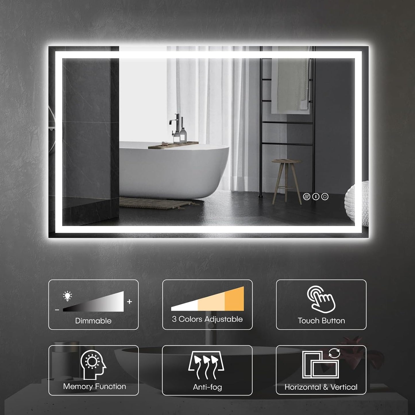 40" X 24" LED Bathroom Mirror with Lights, Anti-Fog Dimmable 3 Color Front + Backlit Lighted Vanity Makeup Mirror with Memory Function, Smart Touch,Wall Mounted Horizontal/Vertical
