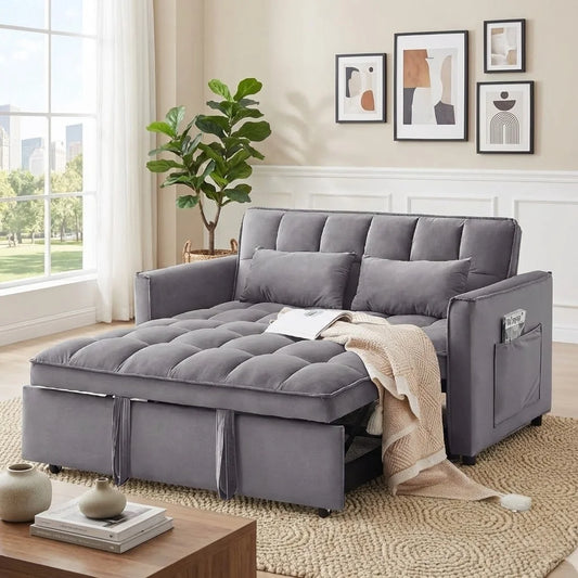 3 in 1 Convertible Sleeper Sofa Bed, 55" Pull Out Couch with Side Pockets, Velvet Loveseat Sofa with Adjustable Backrest for Living Room Bedroom Apartment (Dark Gray)