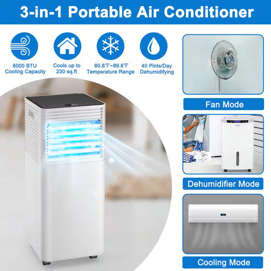 8,000 BTU Portable Air Conditioner Cools 220 Sq. Ft. with Dehumidifier and Fan Mode in Black