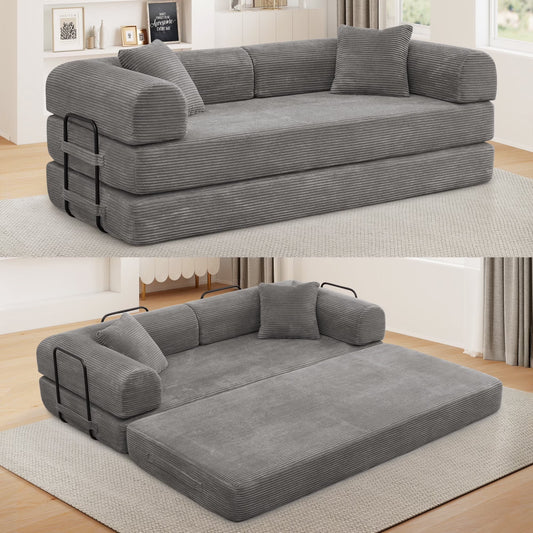 78" Corduroy Loveseat Cloud Sofa , Queen Size Convertible Slpper Couch Bed for Living Room, Gray