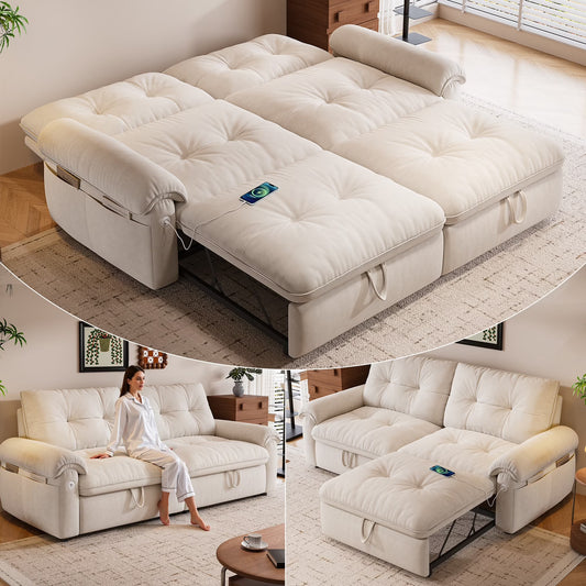 77" Pull Out Sofa Bed Queen Size, Loveseat Sofa Convertible Sleeper Sofa Bed, Flannelette Fabric Sofa Couch for Living Room Beige
