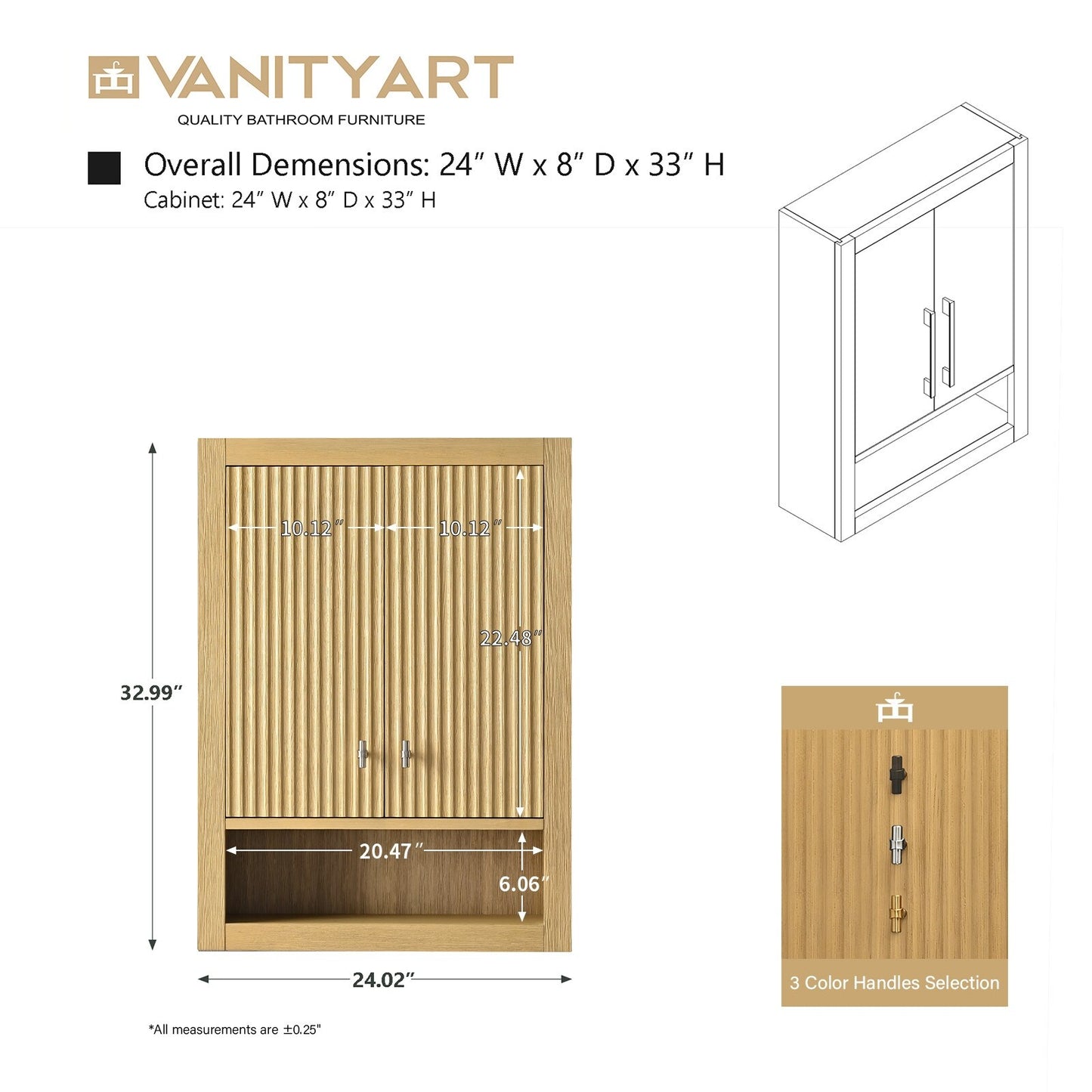 24 "Wall Mounted Bathroom Storage Cabinet with Soft Close Doors