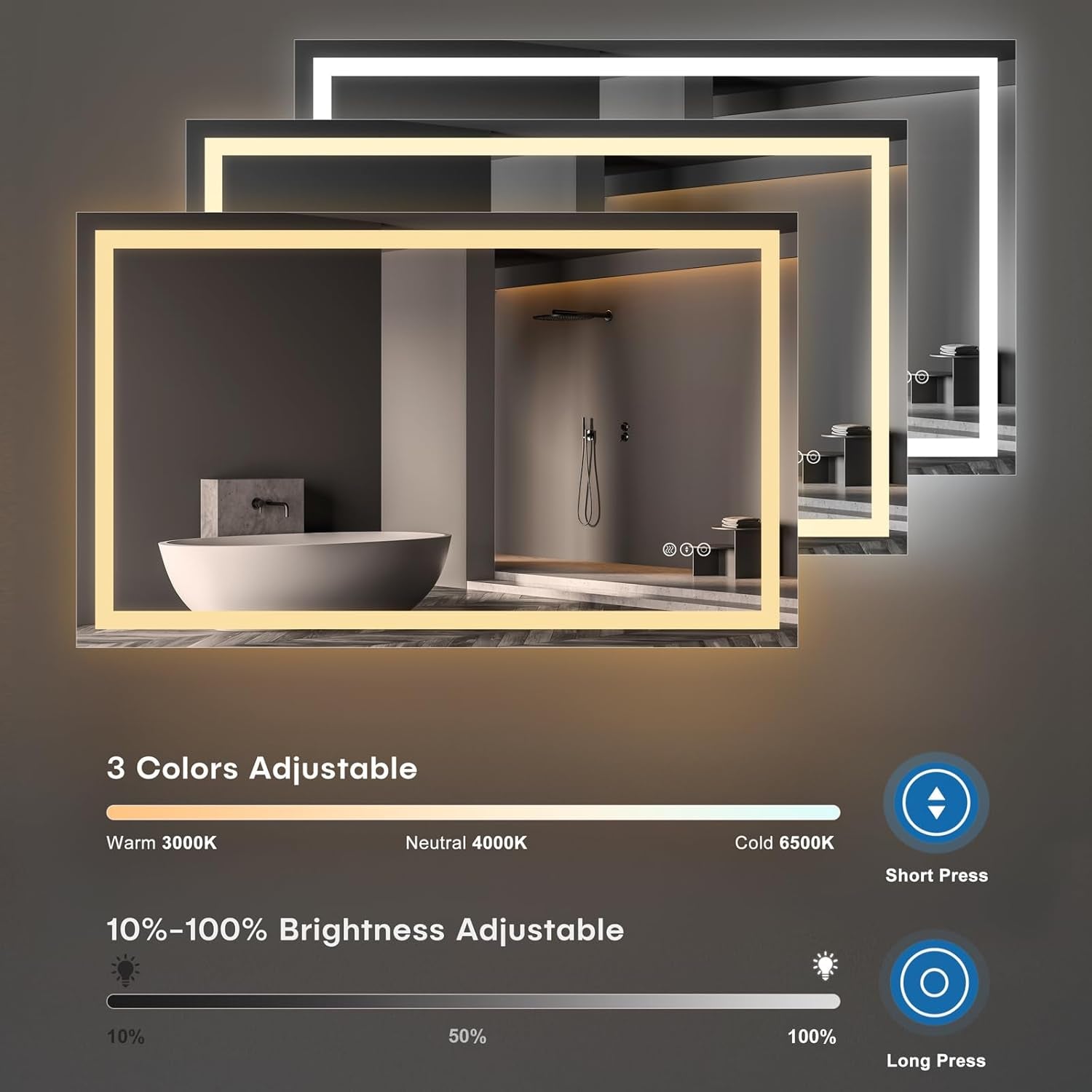 40" X 24" LED Bathroom Mirror with Lights, Anti-Fog Dimmable 3 Color Front + Backlit Lighted Vanity Makeup Mirror with Memory Function, Smart Touch,Wall Mounted Horizontal/Vertical