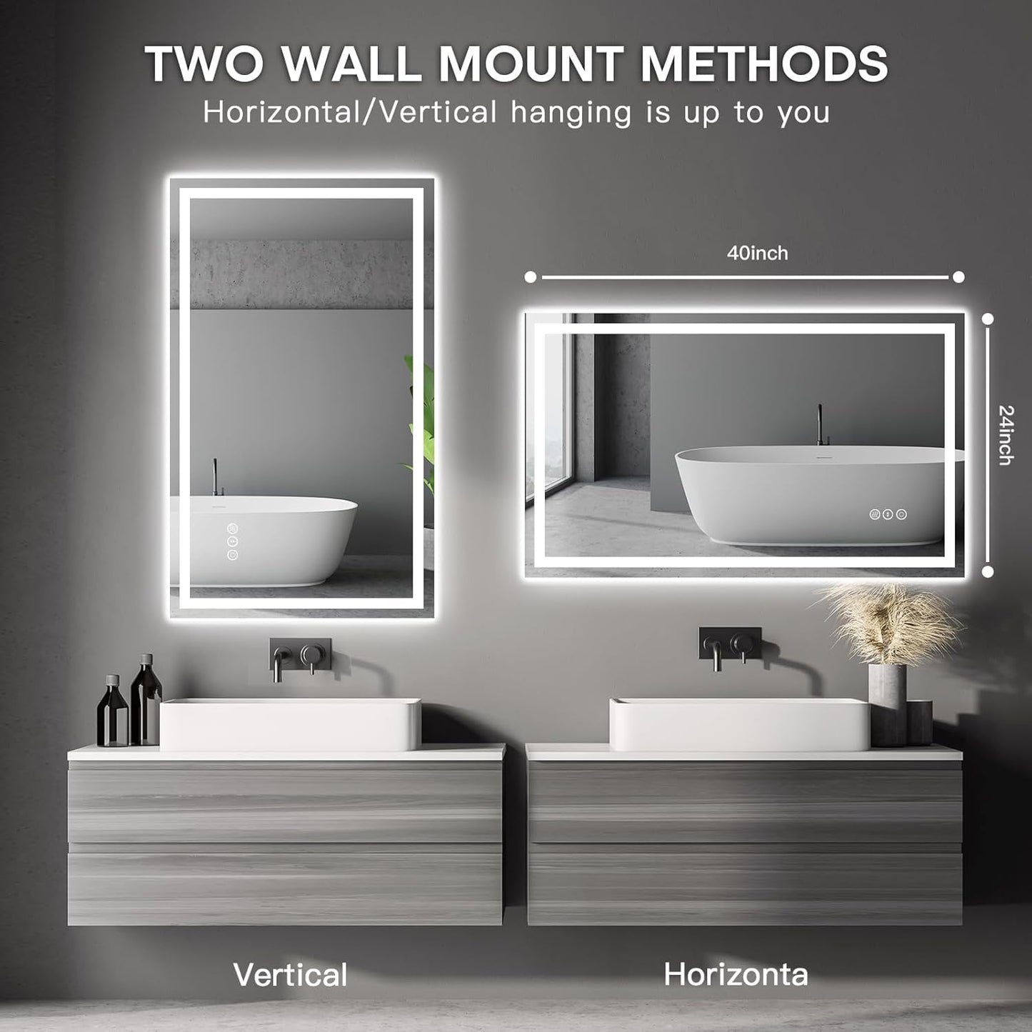 40" X 24" LED Bathroom Mirror with Lights, Anti-Fog Dimmable 3 Color Front + Backlit Lighted Vanity Makeup Mirror with Memory Function, Smart Touch,Wall Mounted Horizontal/Vertical