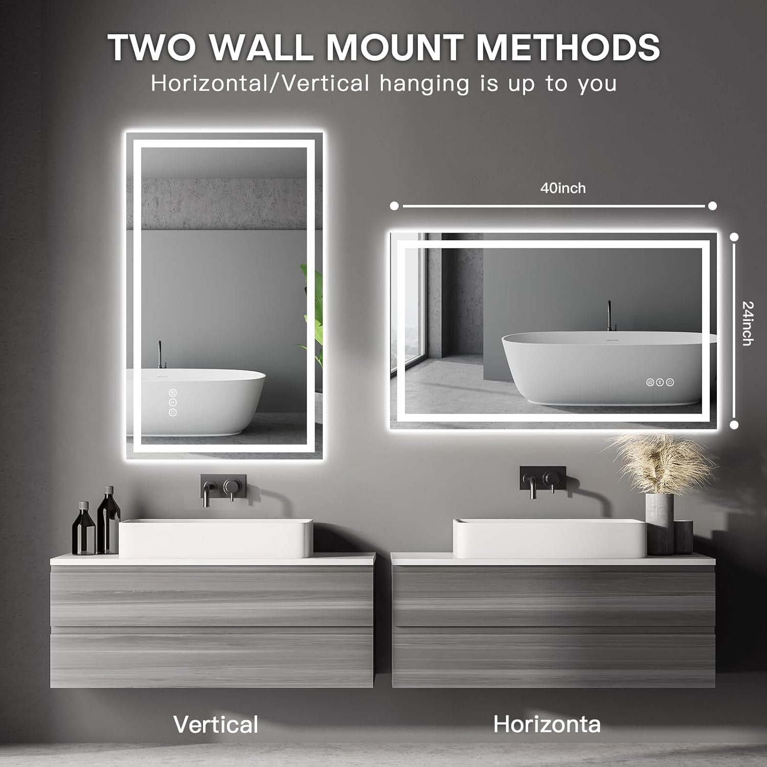 40" X 24" LED Bathroom Mirror with Lights, Anti-Fog Dimmable 3 Color Front + Backlit Lighted Vanity Makeup Mirror with Memory Function, Smart Touch,Wall Mounted Horizontal/Vertical