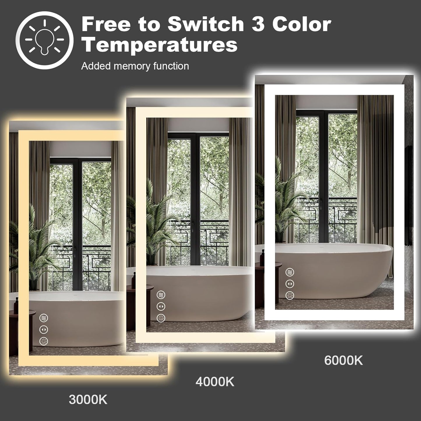 LED Bathroom Mirror, 60" X28" Front-Lit + Backlight Mirror for Wall, Dimmable Vanity Mirrors, Anti-Fog, Memory, 3 Colors Lighting, Shatterproof, ETL Listed