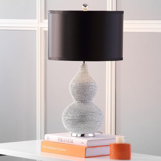 Lighting Collection Nicole Modern Silver Bead Base/ Black Shade 25-Inch Bedroom Living Room Home Office Desk Nightstand Table Lamp Set of 2 (LED Bulbs Included)