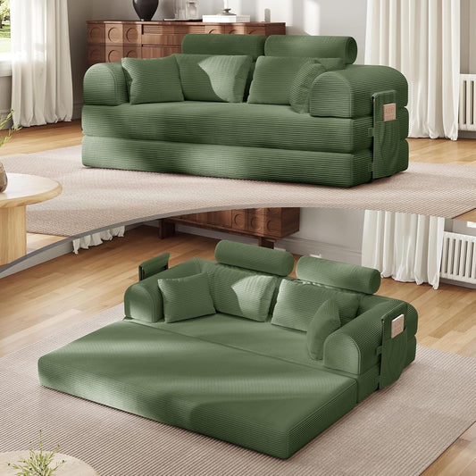 Corduroy Convertible Sleeper Sofa Bed, High Backrest Folding Couch with Removable Armrests & Fixed Frame, Modular Floor Sofa for Small Spaces, No Assembly Needed, Green