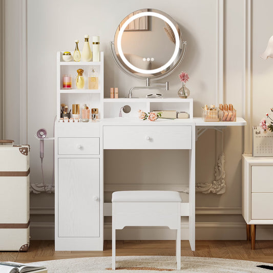 Makeup Vanity Table Set with Adjustable Mirror and LED Lights, Vanity Desk with Power Outlet and Storage Drawers, White