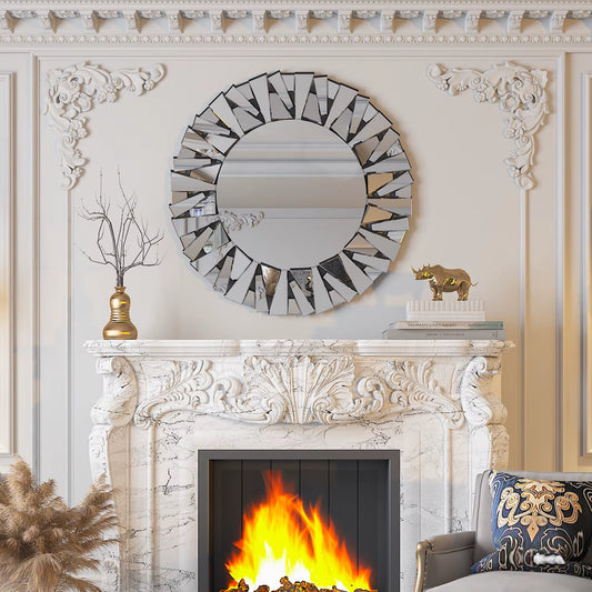 32" Wall Mirrors Decorative round Sunburst Mirror for Wall Decor Modern Silver Glass Wall-Mounted Beveled Hanging Circle Accents